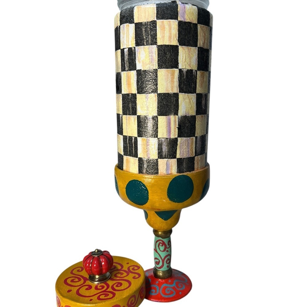 Colorful Checkered Decorative Keepsake trinket Art Jar. Makenzie Child Inspired. - Picture 6 of 7